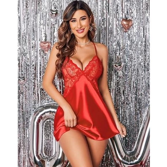 Avidlov Lingerie Nightwear Satin Lace Chemise Mini Teddy Scarlet Red Nighty - Picture 4 of 8